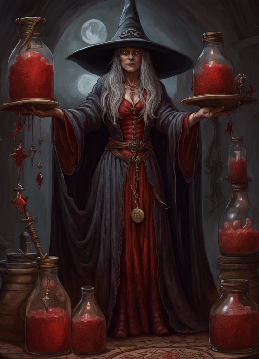 Medieval Witch Selling Potions in Horror Art Style