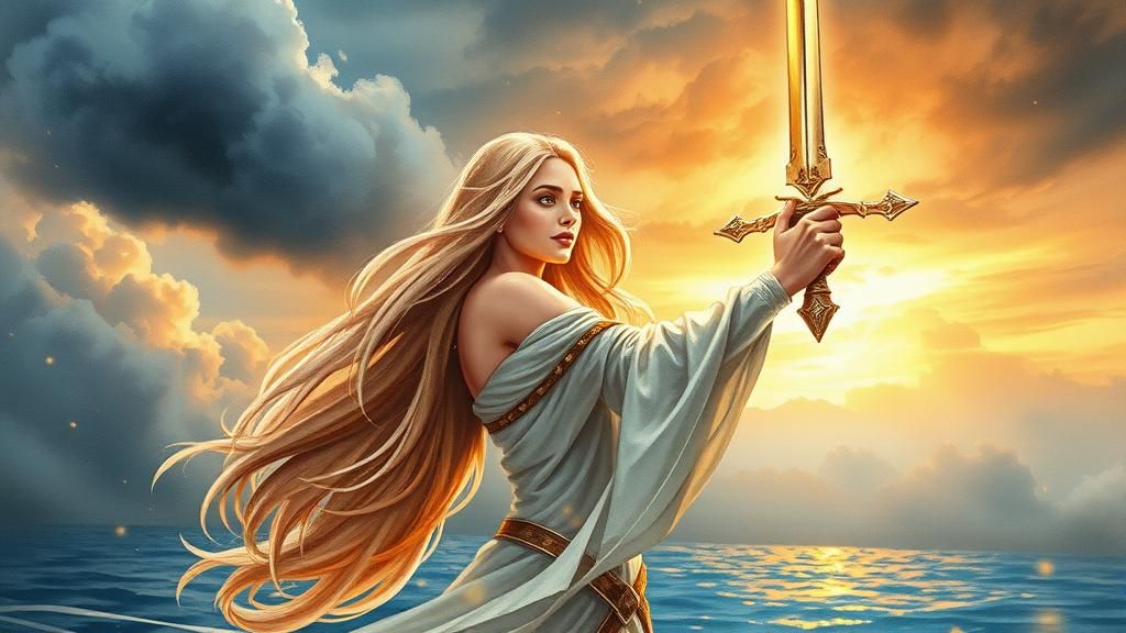 Lady of the Lake Raises Sword in Stormy Sky