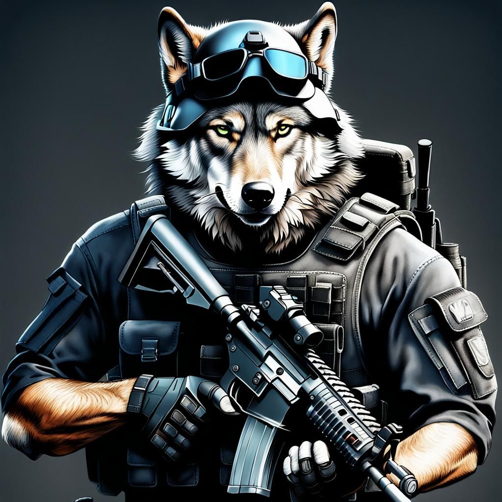 Realistic Anthropomorphic Wolf SWAT Team Raid