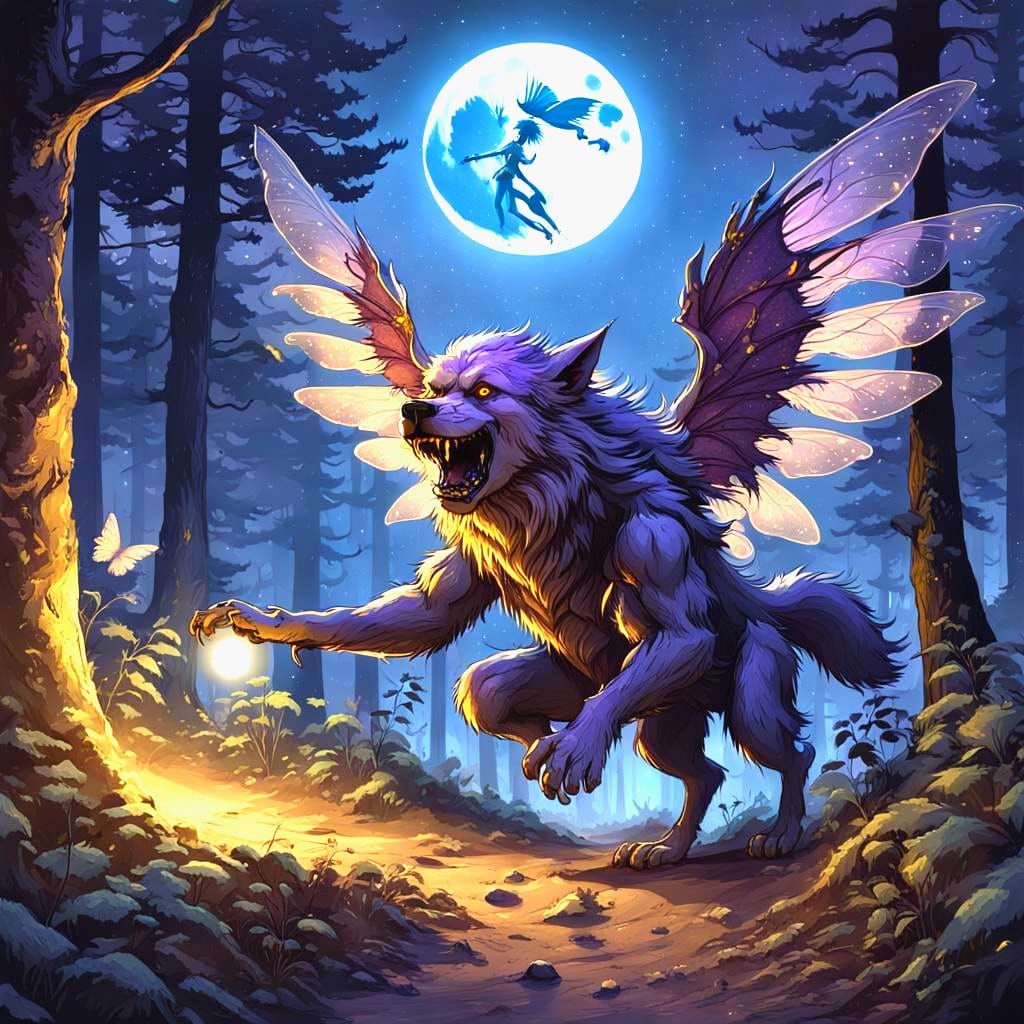 Joyful Werewolf in Forest with Fairies