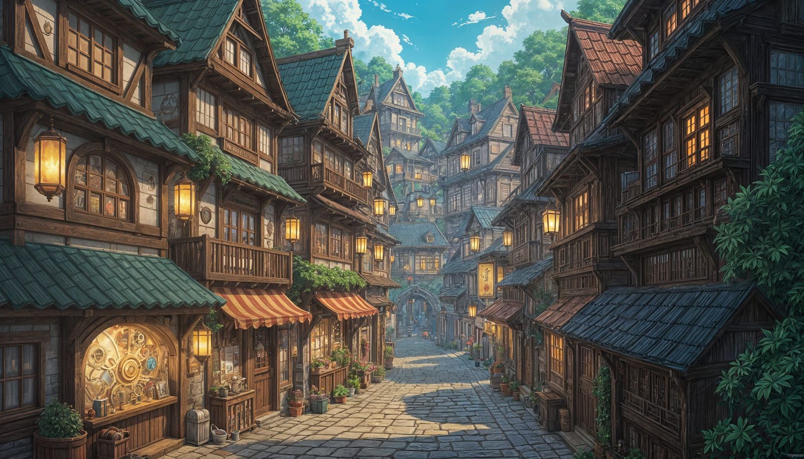 Anime RPG Town in Canyon with Steampunk Elements