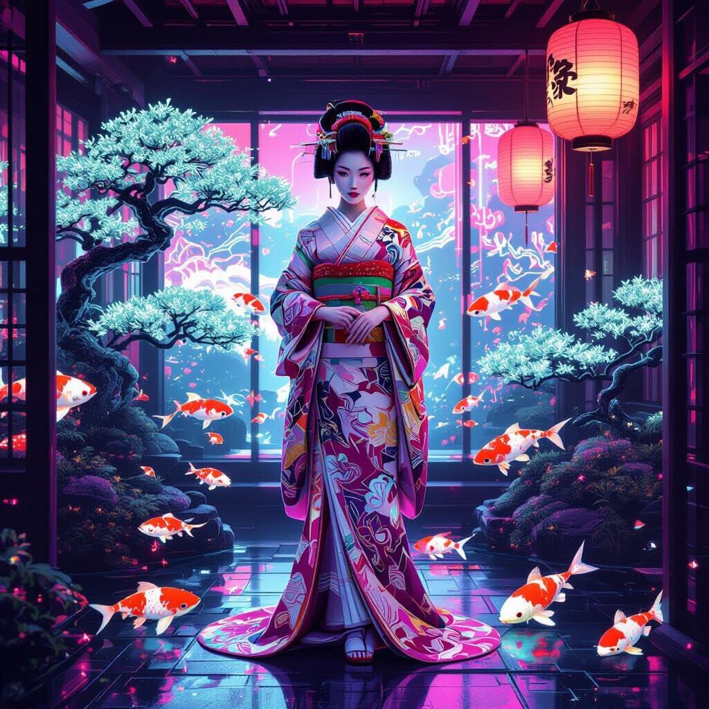 Futuristic Geisha in Neon Teahouse, Digital Painting