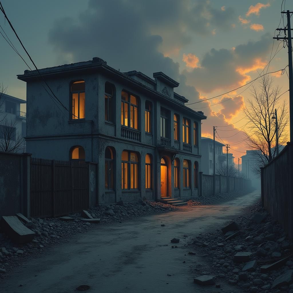 War-Torn Cityscape at Dusk: A Haunting Aerial View