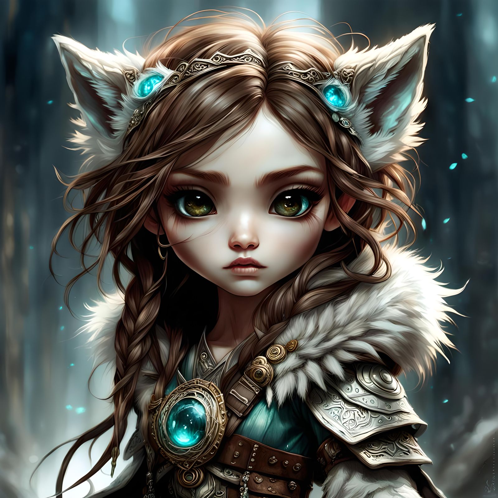 Chibi Elven Huntress with Wolf Cub: Fantasy Art