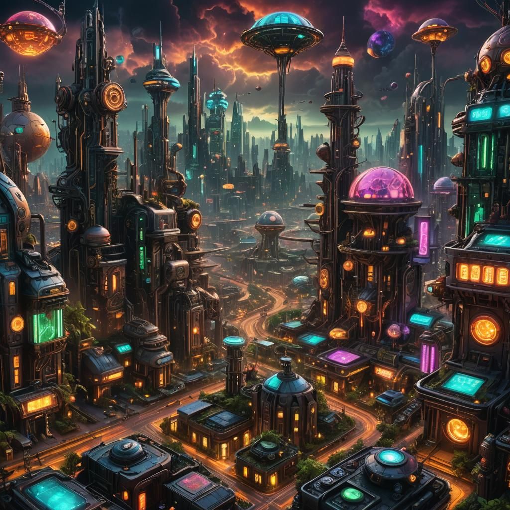 Futuristic Cityscape: Cyberpunk Meets Steampunk