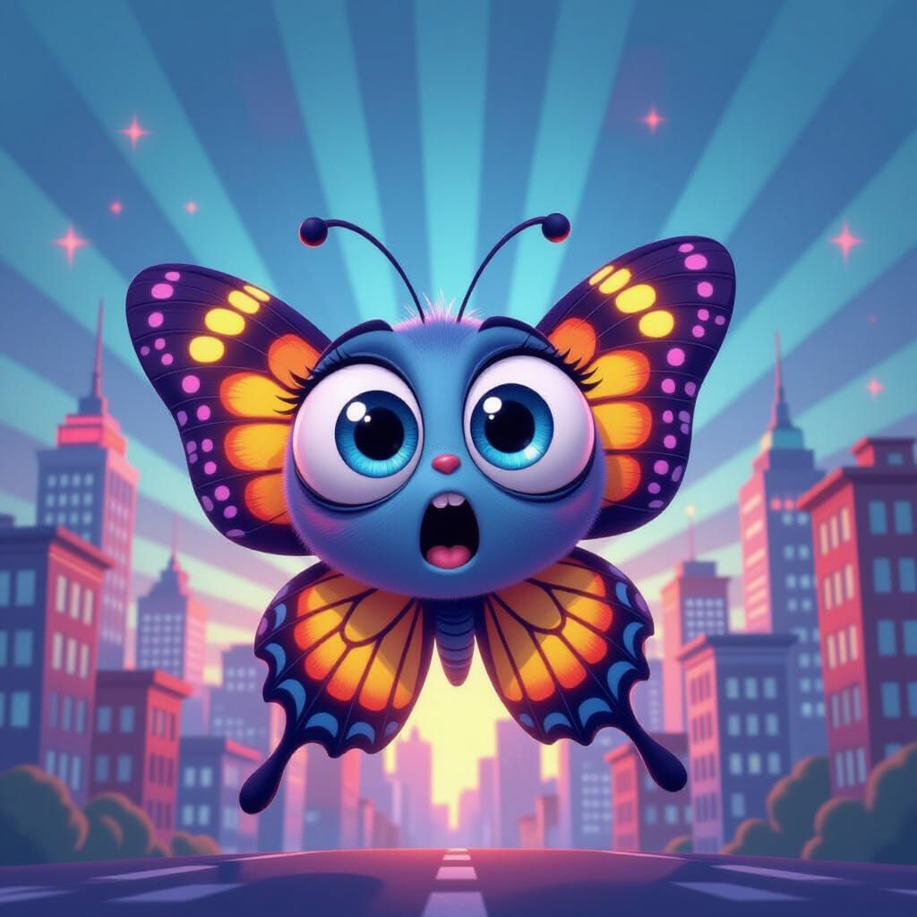 Confused Butterfly in Pixar-Style Cityscape
