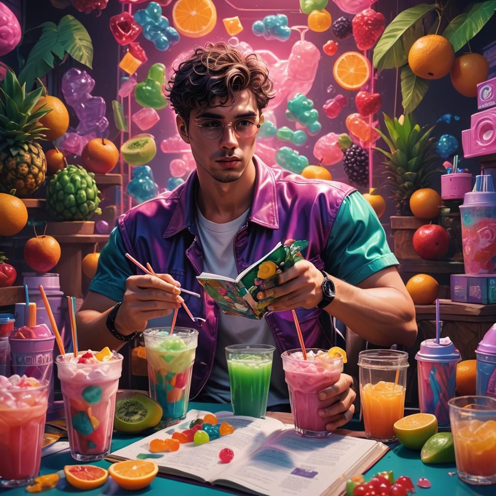 Vaporwave Handsome Man Reading Journal with Milkshake