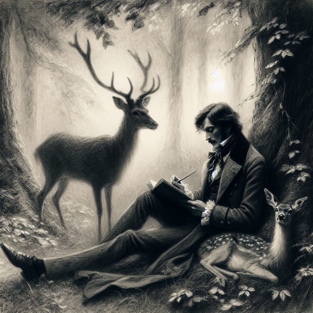 A poet seeking inspiration in a forest