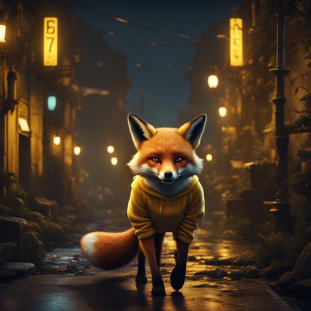 Red Fox in Yellow Sweatshirt at Night