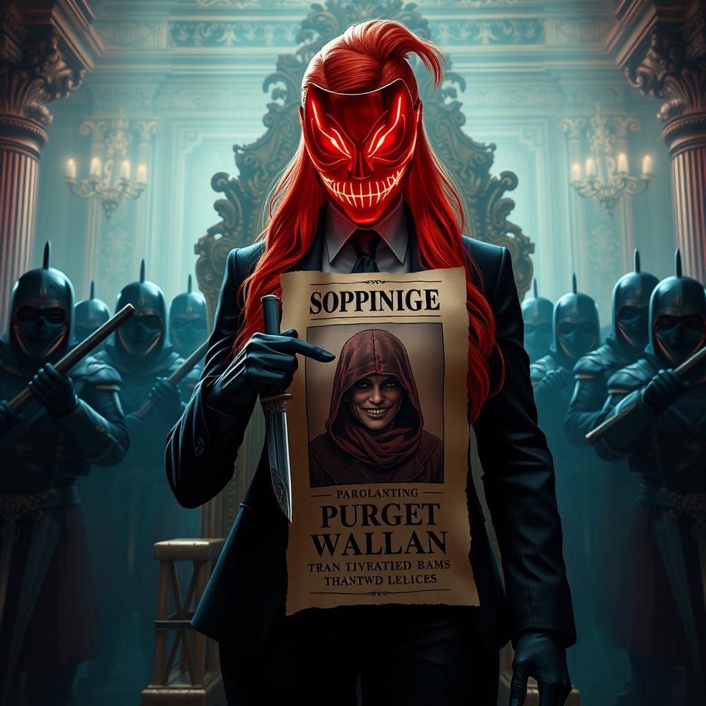 Regal Mafia Boss in Red LED Mask Surrounded by Purge Warrior...