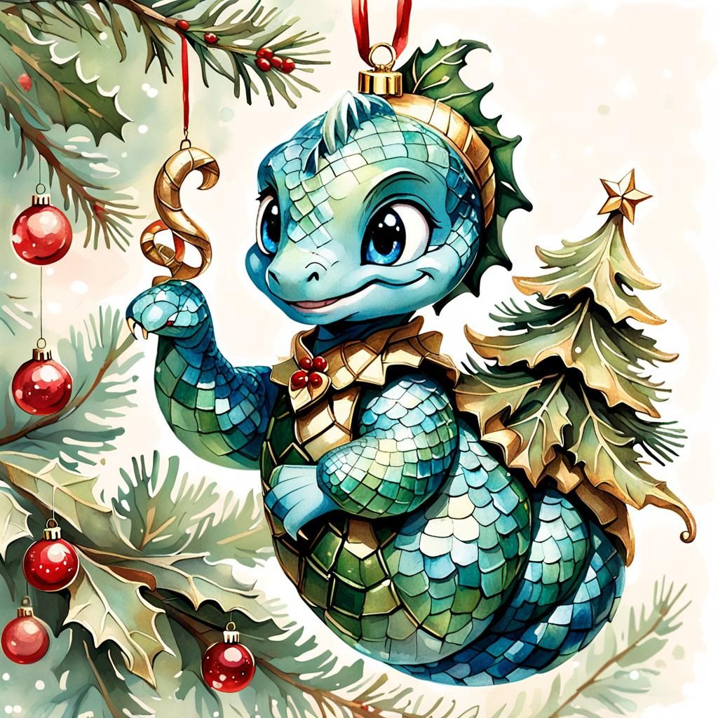 Smiling Snake with Christmas Ornament, Watercolor Illustrati...