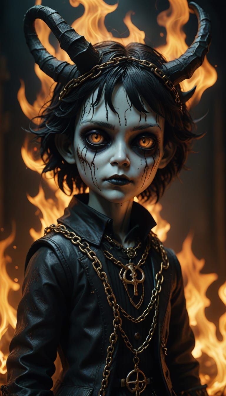 Surreal Dark Fantasy Concept Art of a Horned Doll in Hellish...