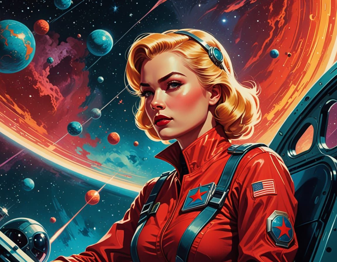 Vintage Sci-Fi Pinup Art of a Blonde Space Pilot