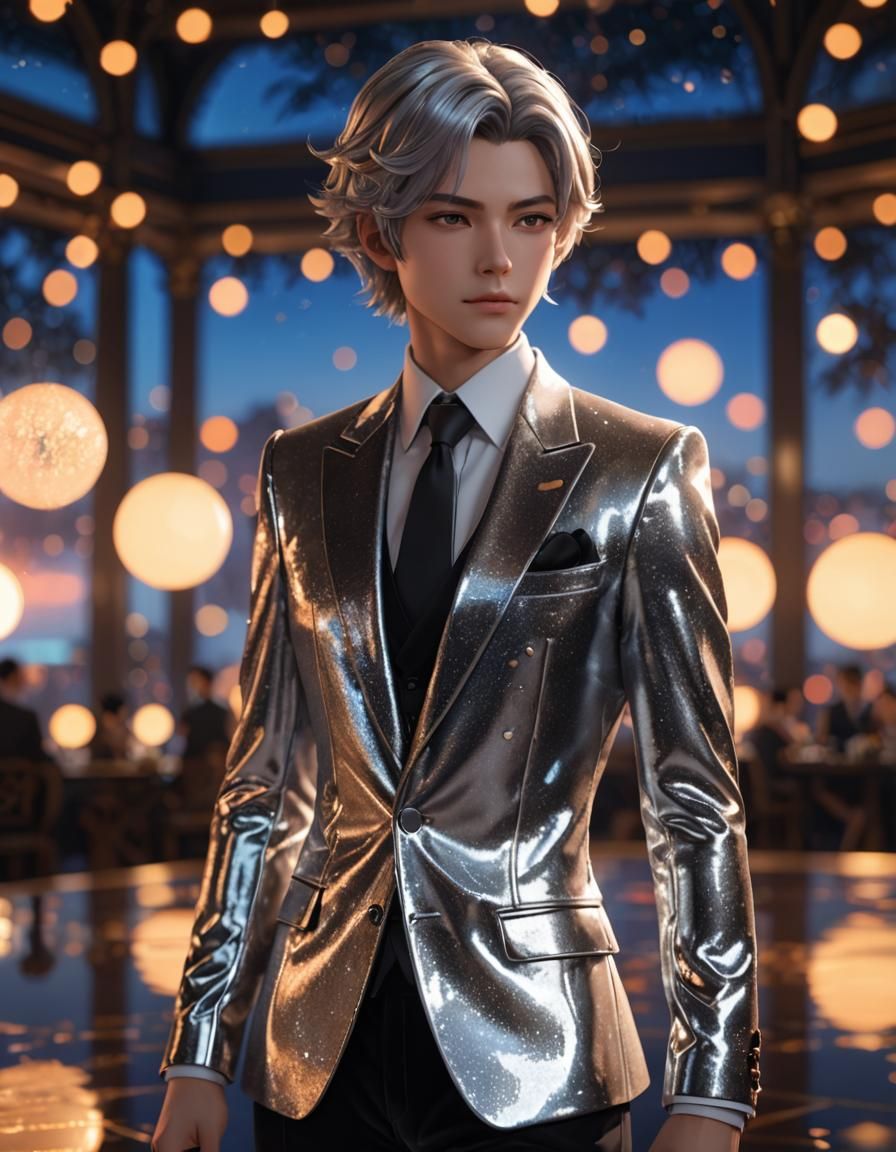 Silver Ballroom Suit with Sunset Bokeh: Anime Art