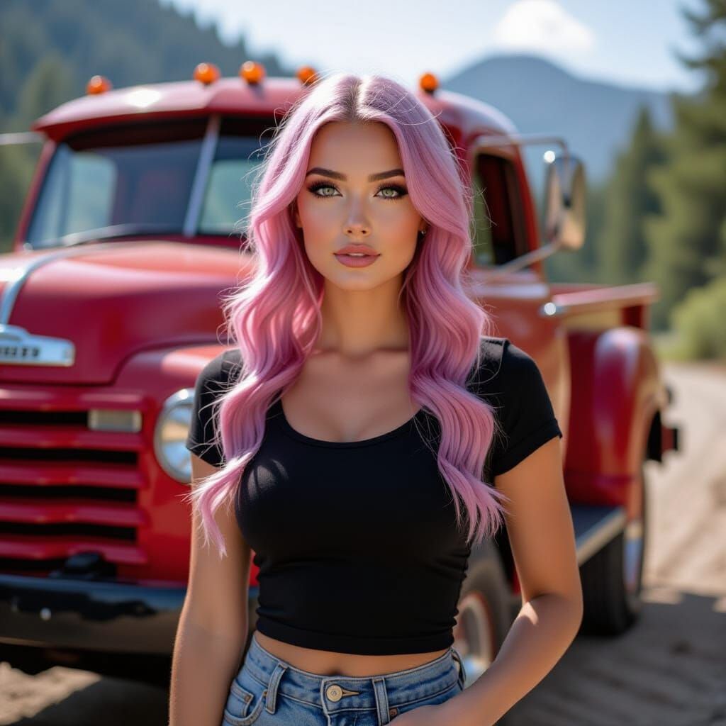 Woman Posing by Red Truck, Hyperrealistic Style