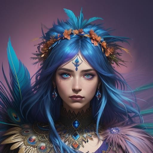 Fantasy Woman with Peacock Feathers and Flower Crown