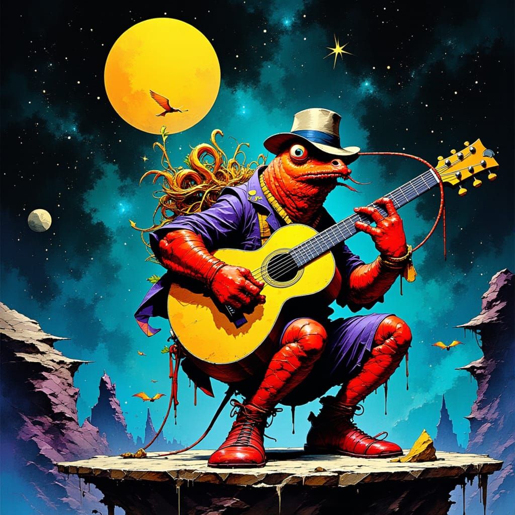 Sid Shrimp the Misunderstood Alien Lobster practices his gui...