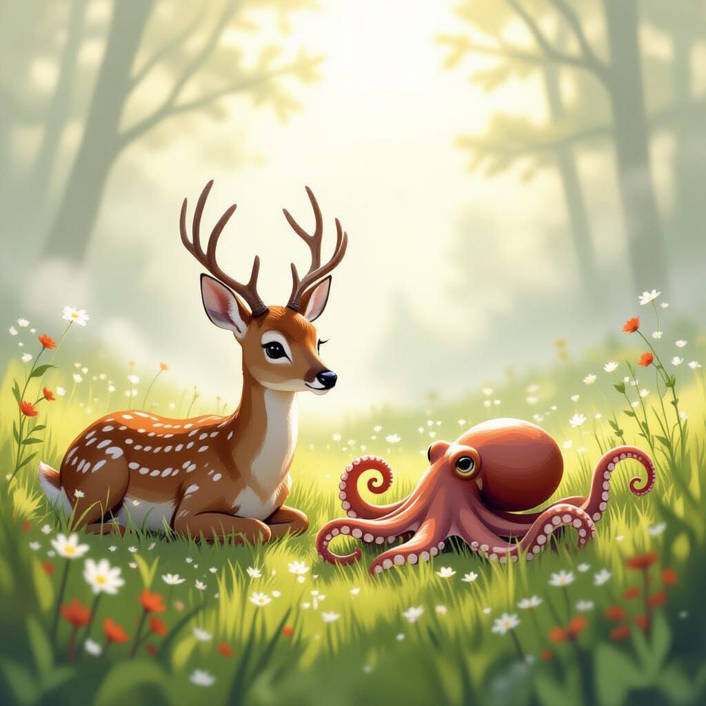 Deer and Octopus Friends in Morning Mist