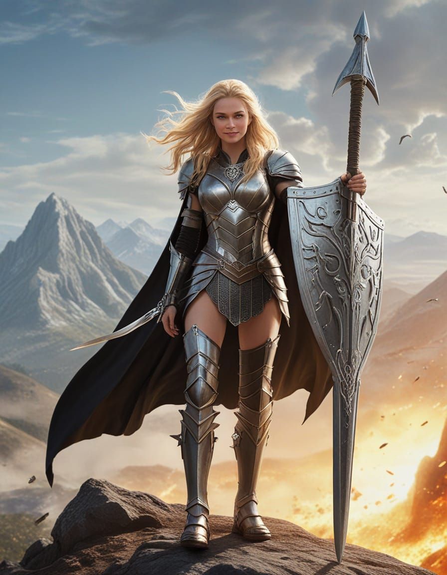 Woman Warrior in God Armor on Mountain Top