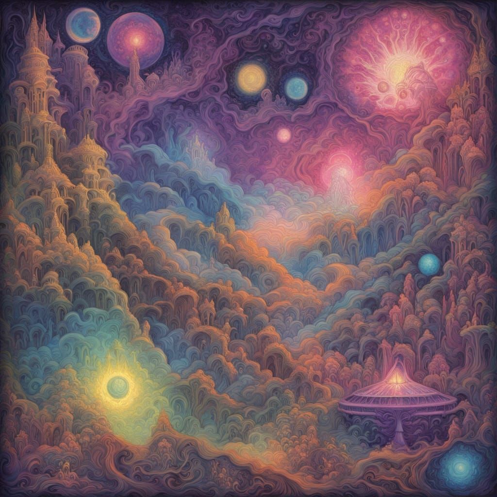 Vibrant Cosmic Dreamscape in Neon Colors and Iridescent Patt...