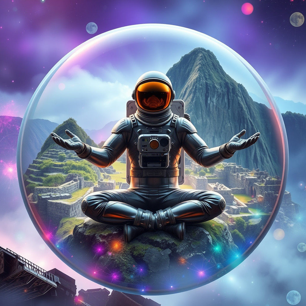 Astronaut Meditating in Glass Orb Reflecting Machu Picchu
