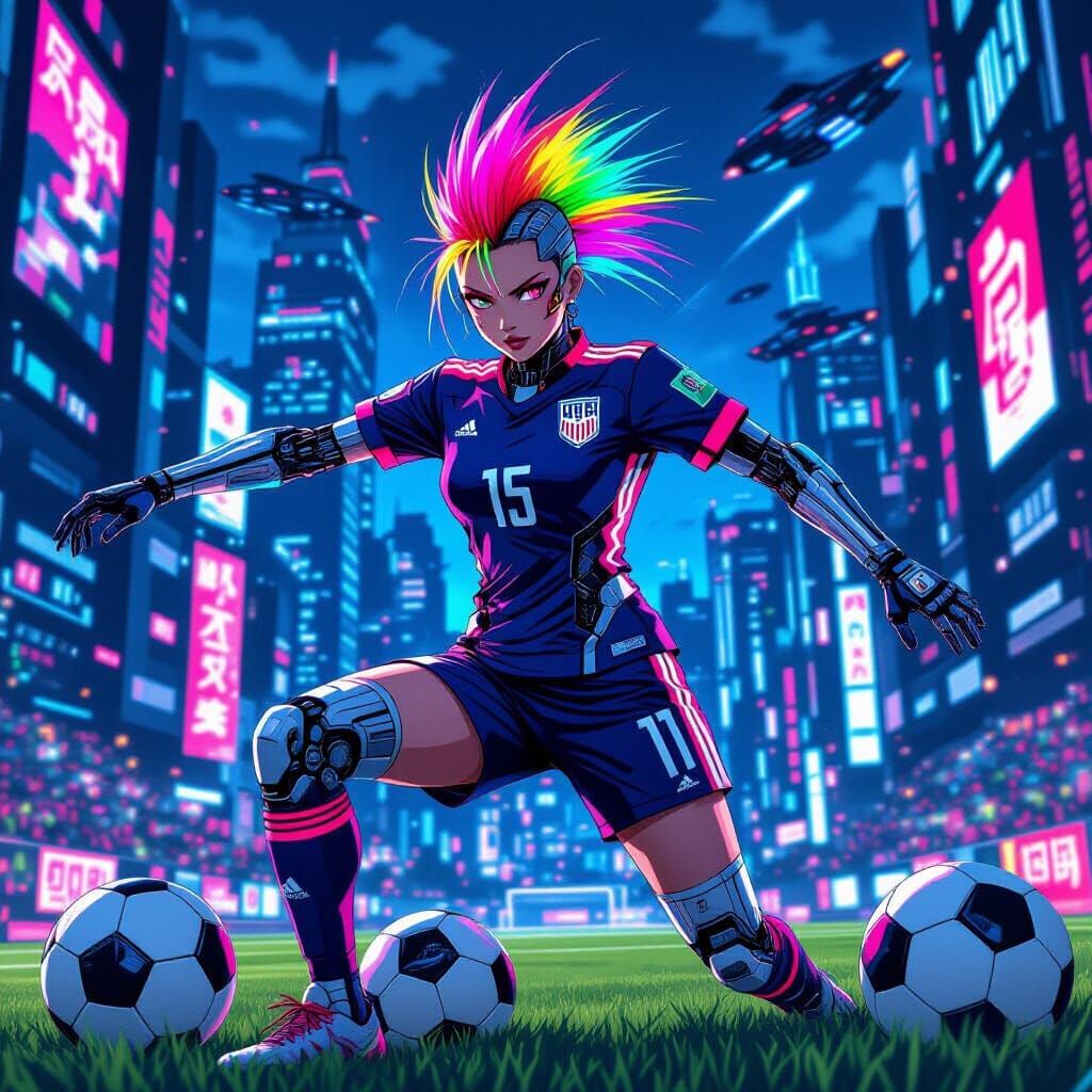 Cyberpunk Soccer Star in Futuristic Cityscape