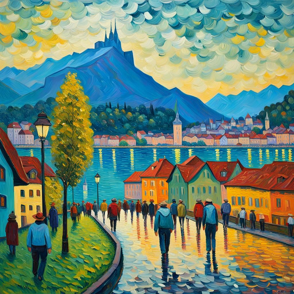Colorful Lucerne, Switzerland in Expressionist Oil Painting