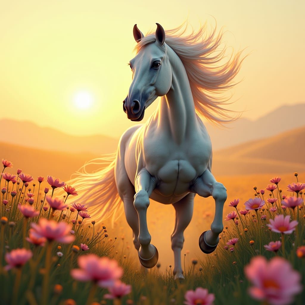 Stallion Galloping Through Flower Field at Sunset