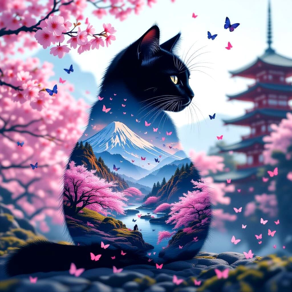 Cat Silhouette Double Exposure with Japanese Landscape