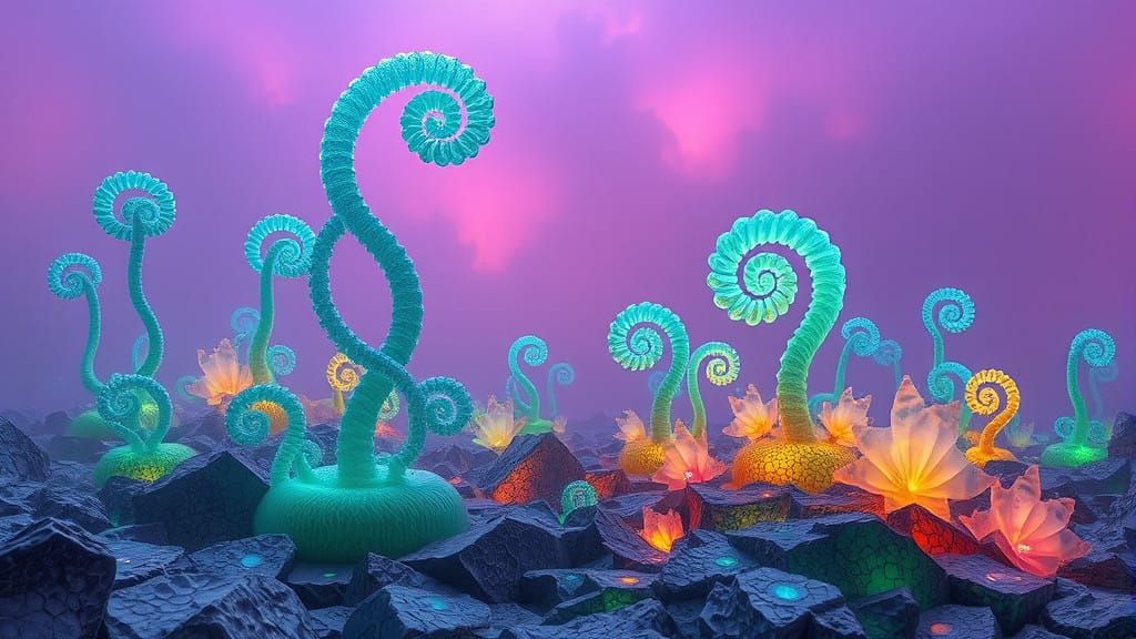 Fractal Wonderland with Electric Blue and Emerald Green Vege...