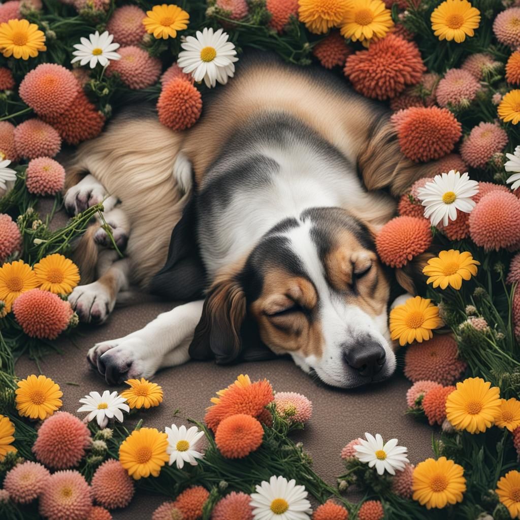 Dog Sleeping Amongst Flowers