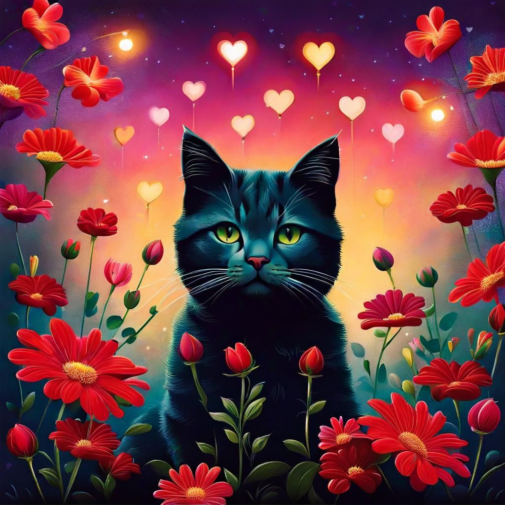 Cute Cat Surrounded by Flowers in Steampunk Style