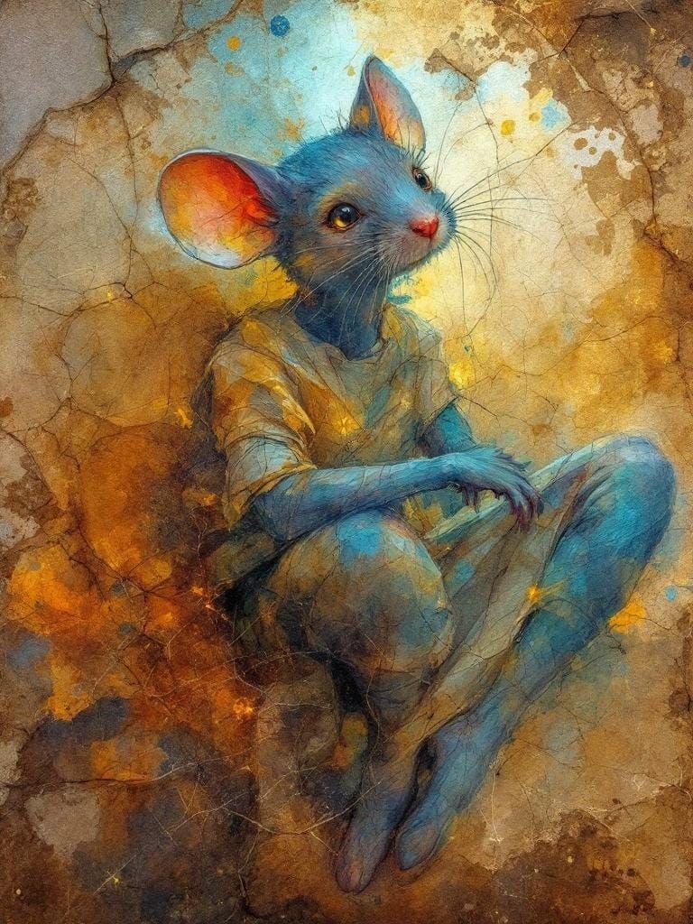 Shy Mouse in Weathered Fresco and Watercolor Style