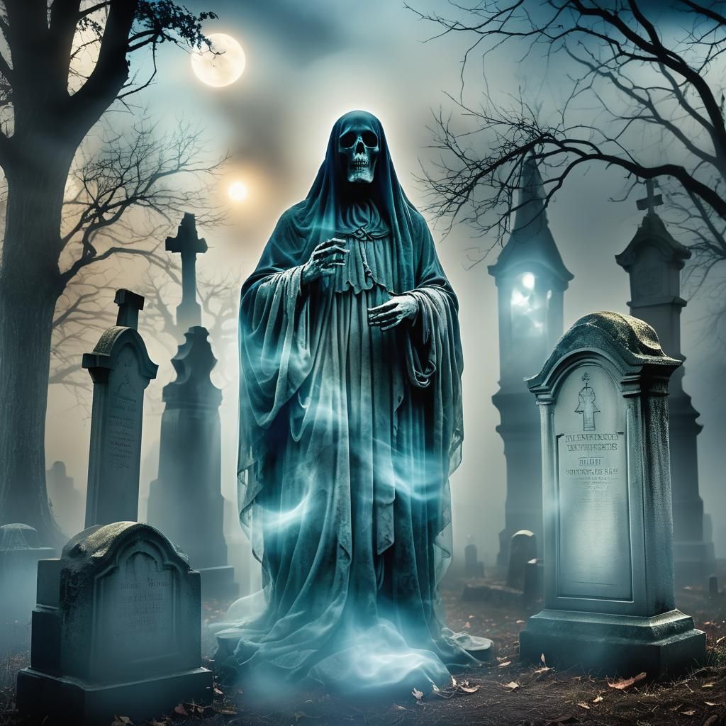 Ethereal Ghost in Haunted Cemetery, Surreal HDR Photo