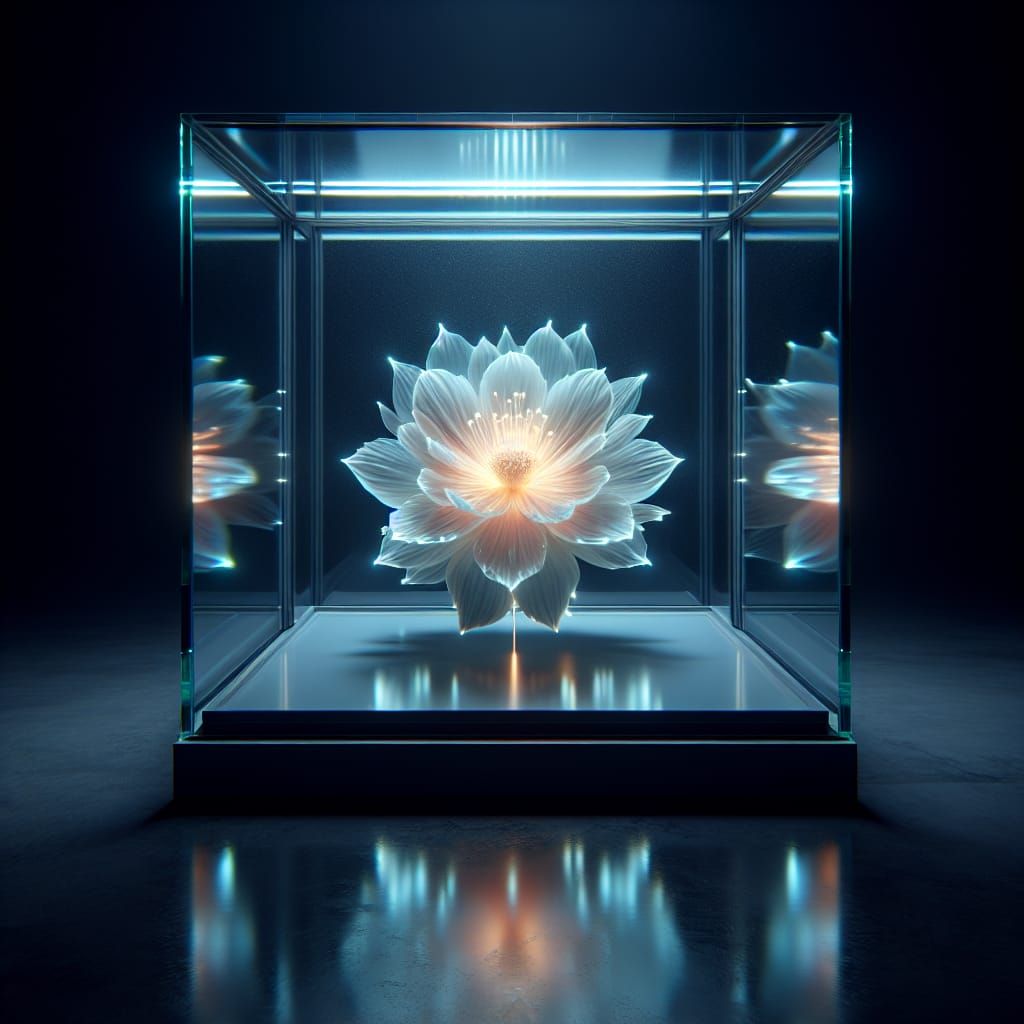 Bioluminescent Flower in Glass Box: Cinematic Digital Art
