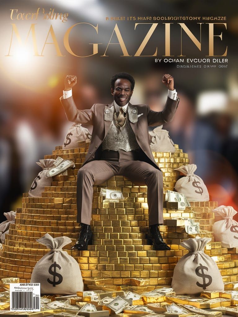 Magazine Cover: Man on Gold Bricks in Photorealistic Style