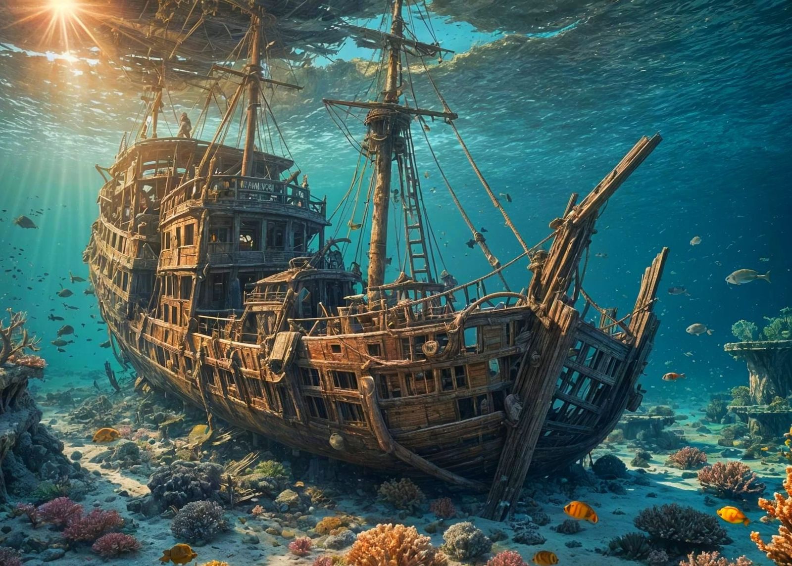 Sunken Schooner Wreck on Coral Reef