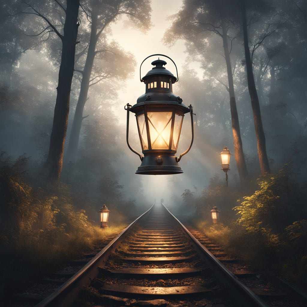 Vintage Lantern with Forest and Track, Ethereal Glow