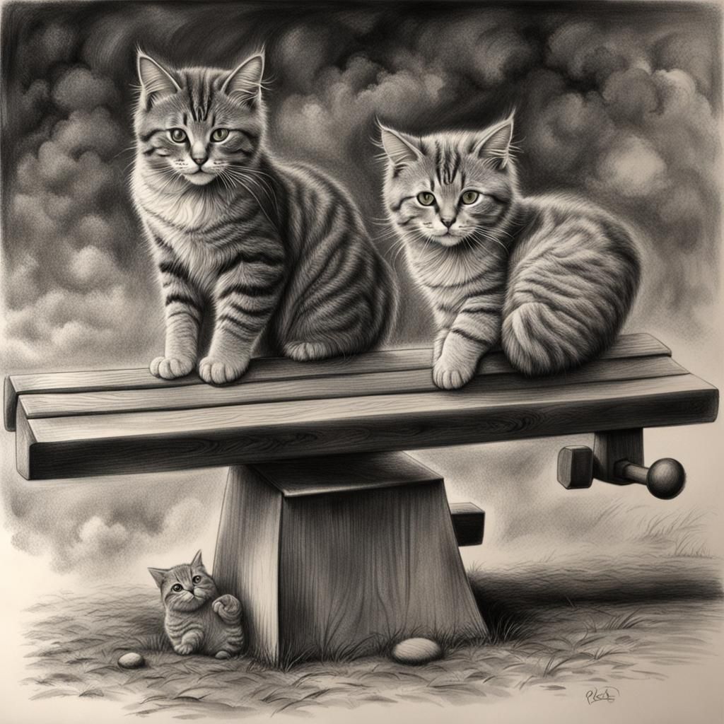 Cats on a See-Saw: Detailed Charcoal Drawing
