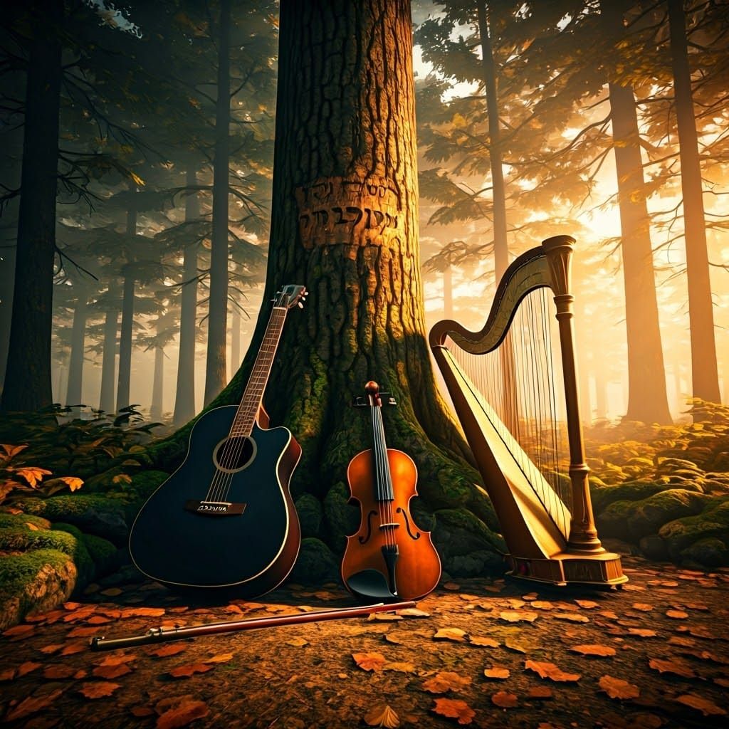 Forest Scene with Instruments and Hebrew Inscription