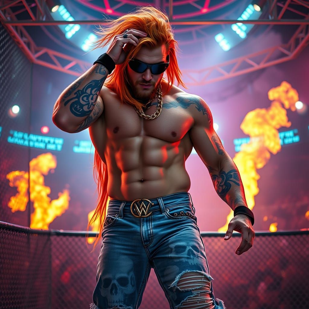 Cyberpunk Wrestler in Neon Cage Arena