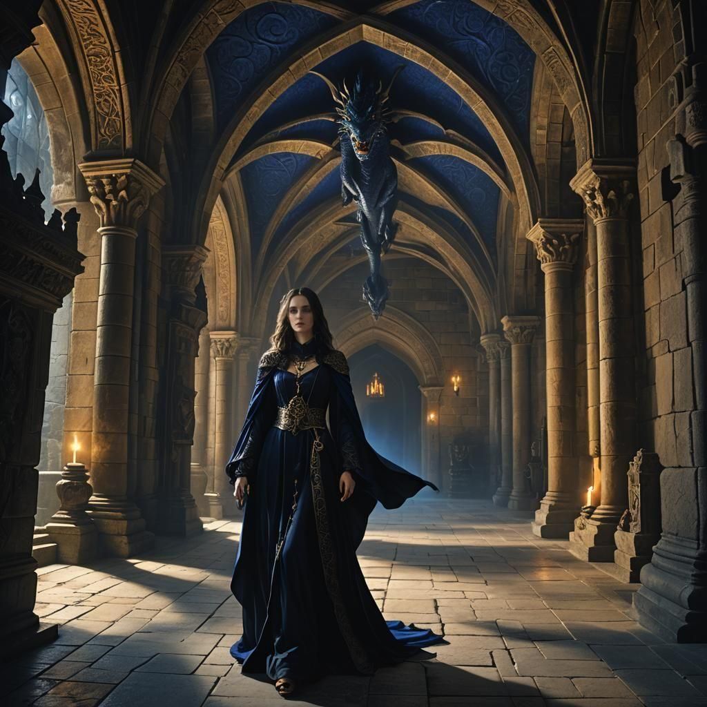 Gothic Castle with Wizard, Woman, and Dragon