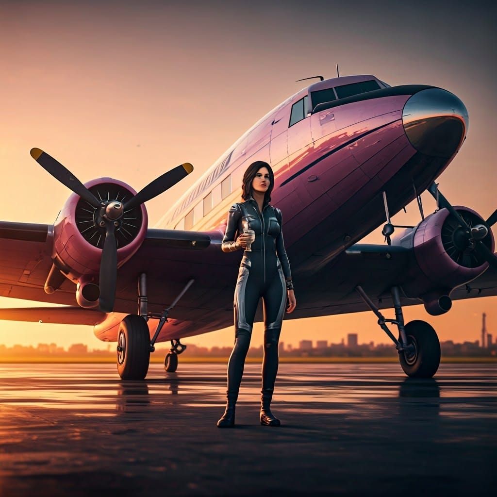 Confident Female Pilot Poses with Pink DC-3 Amidst Sunset