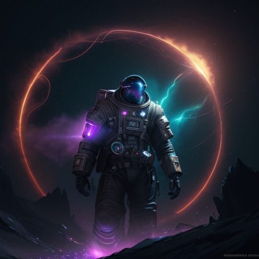 Astronaut Approaches Glowing Portal in Cosmic Landscape