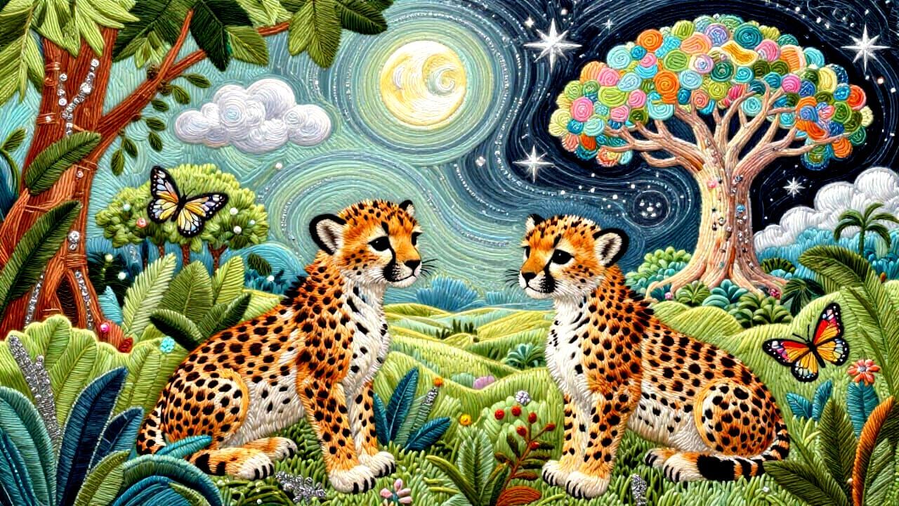 Winged Cheetah Cubs in a Lush, Embroidered Jungle
