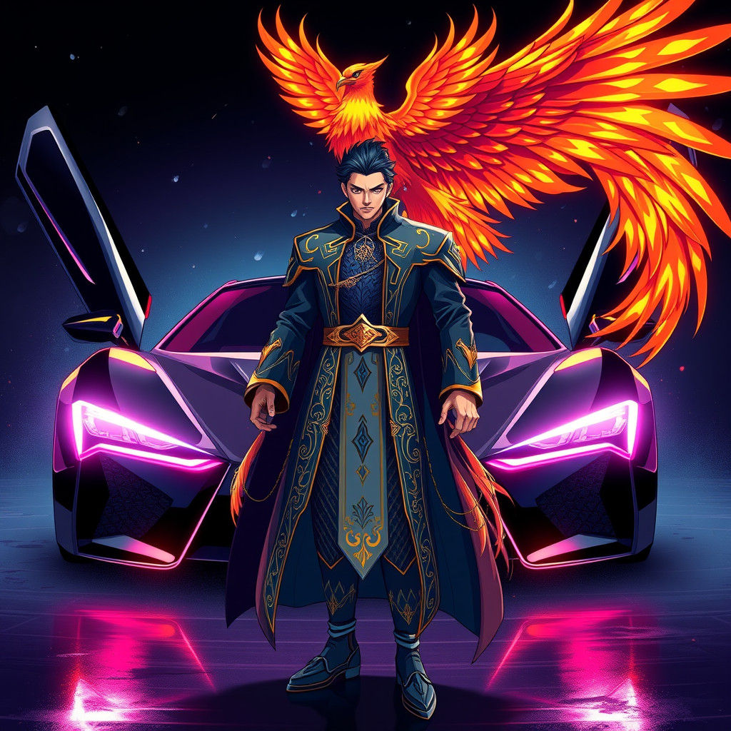 Magician and Phoenix on High-Tech Car, Manga Style