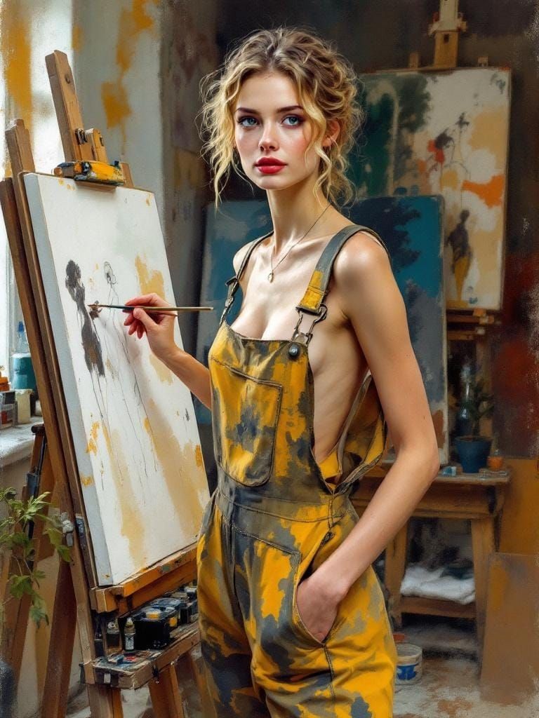 Elegant Artist in Studio: Watercolor and Linework Portrait