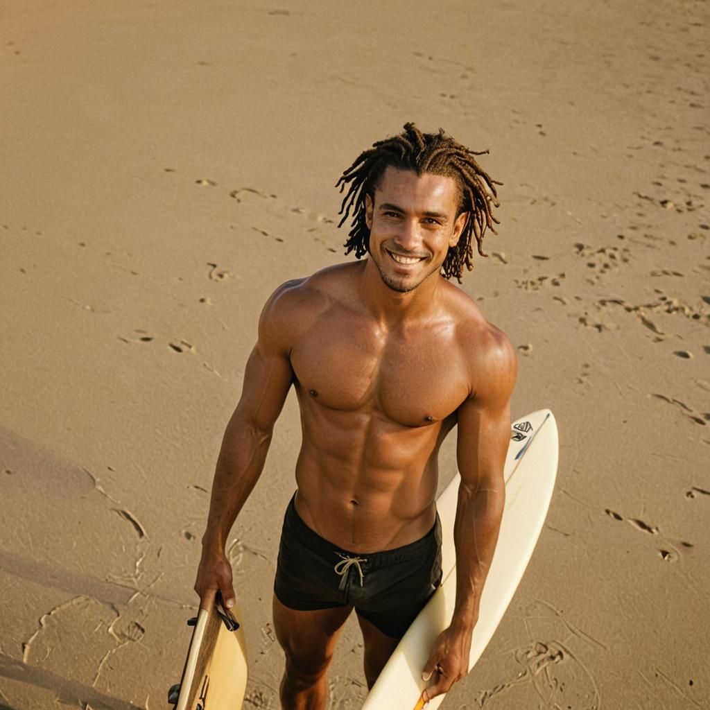 Brazilian Surfer on Beach at Golden Hour