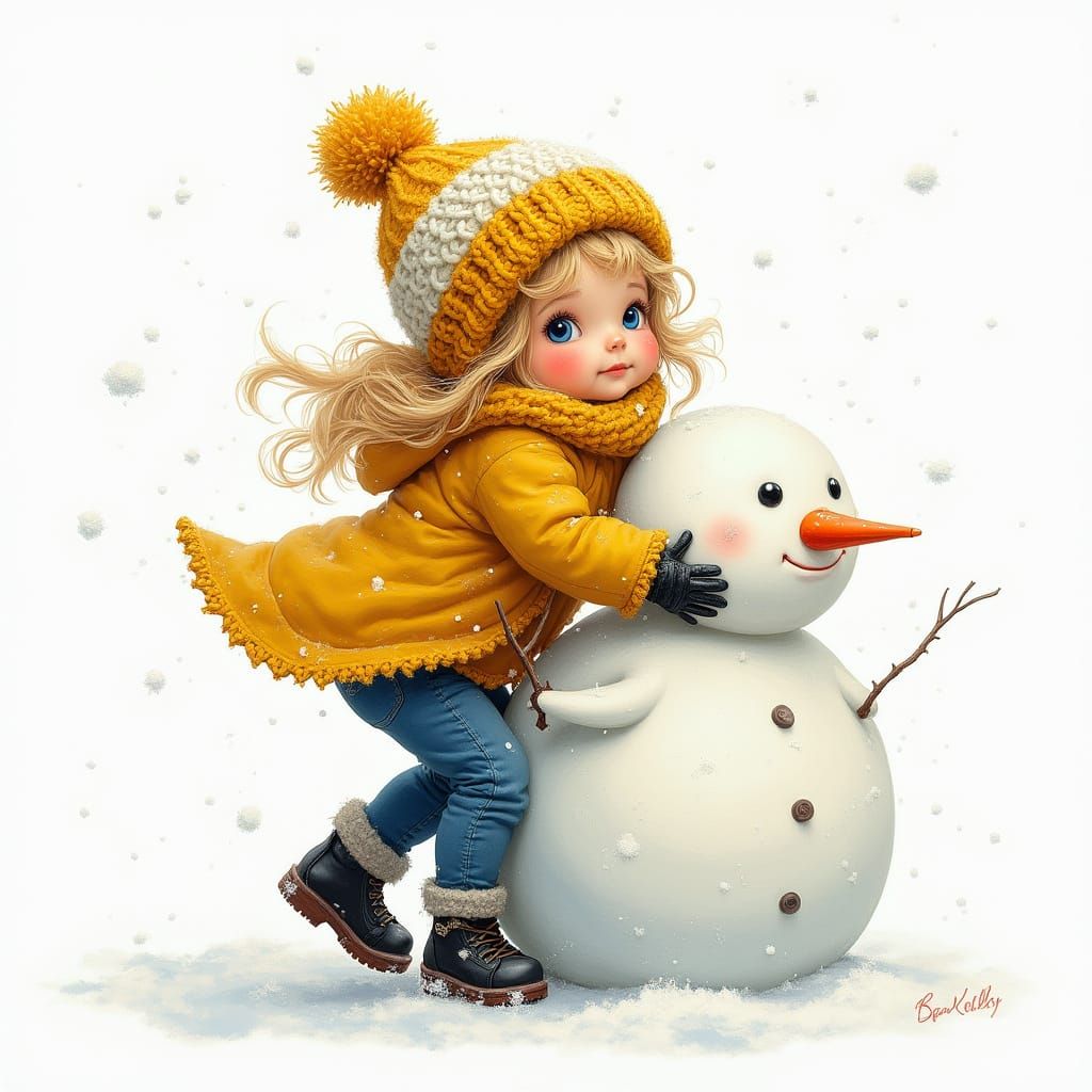 Whimsical Girl and Snowman in Gentle Snowfall