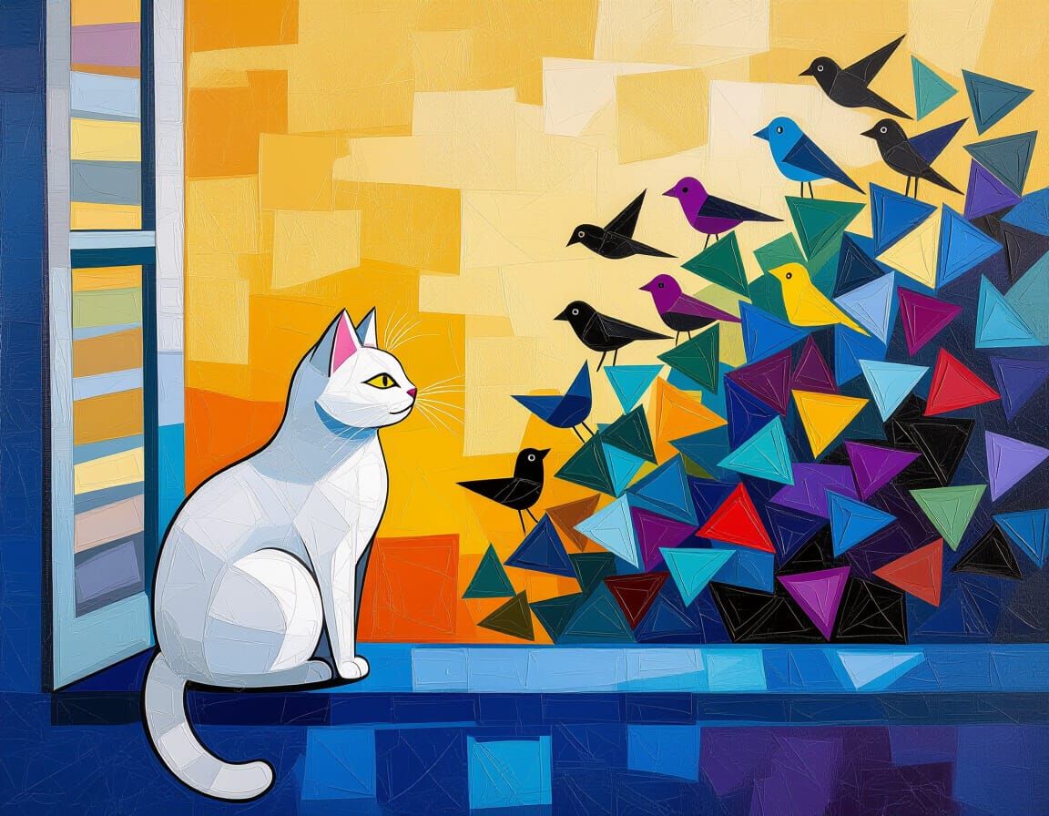 Abstract Geometric Cat Watching Birds Impasto Painting